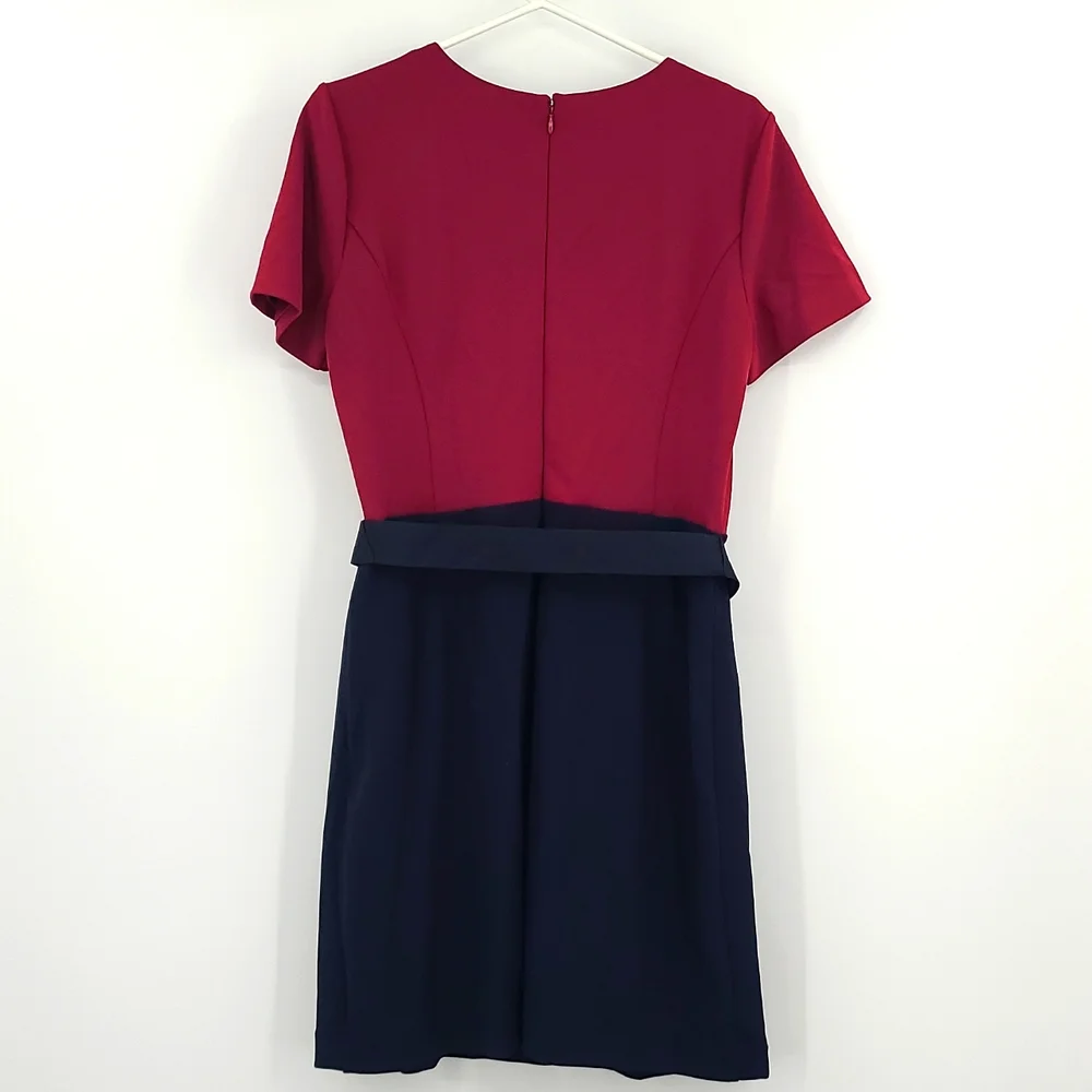 41 Hawthorn Large Magenta Navy Blue gold trim belt zipup midi dress work church - Picture 3 of 6